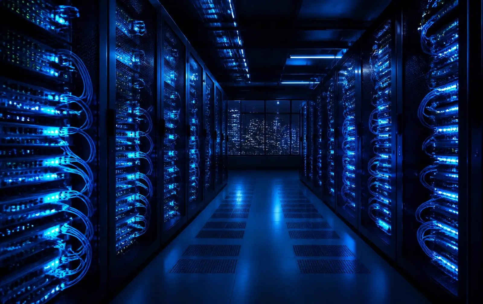 Corredor de data center corporativo com racks de switches e cabos de fibra óptica iluminados em azul